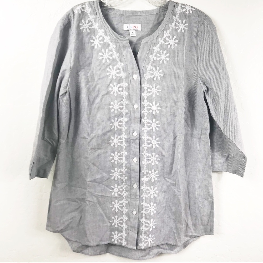 Denim & Co Black & White Striped Embroidered Top